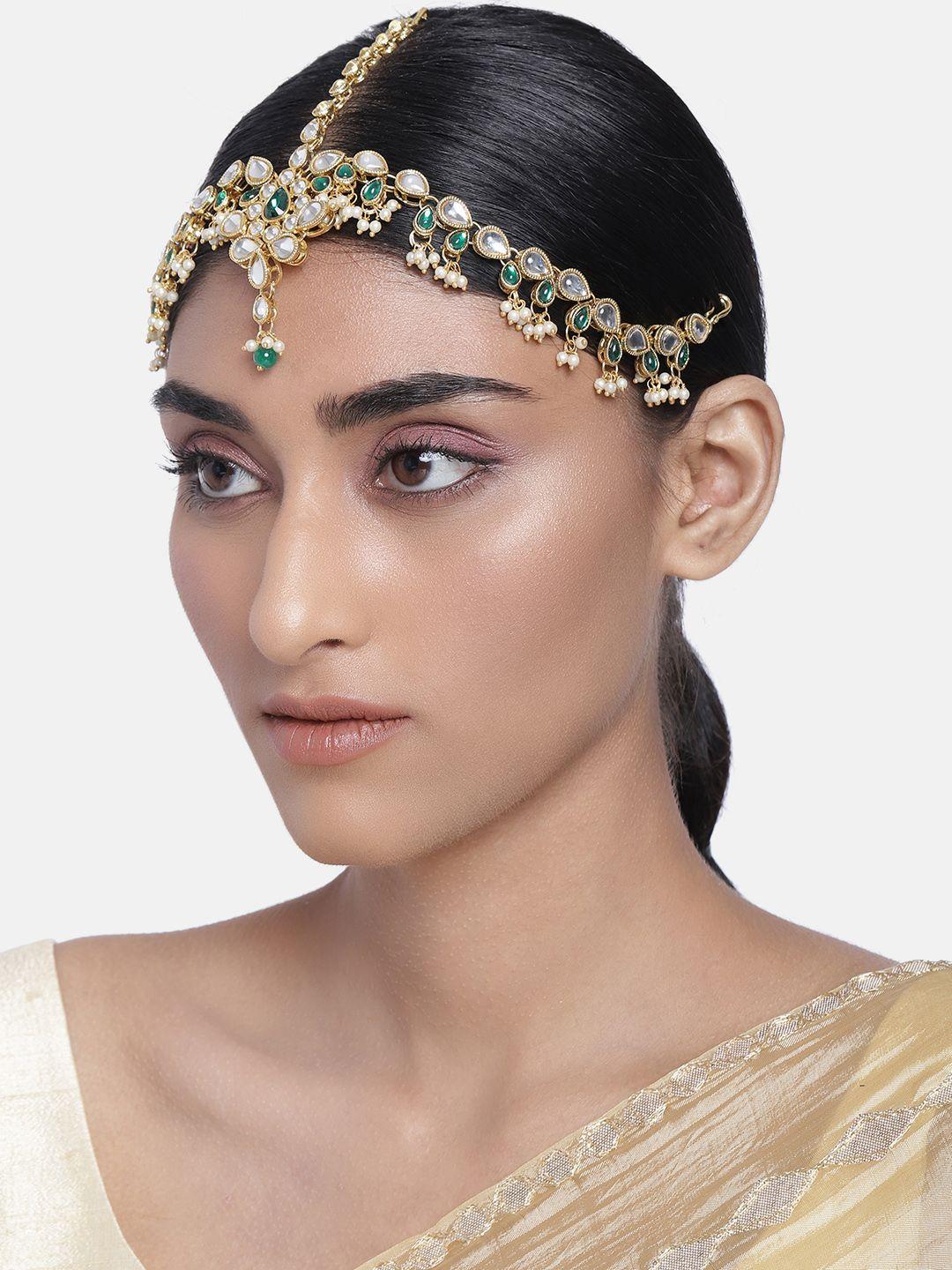 i jewels women green gold-plated kundan studded bridal matha patti