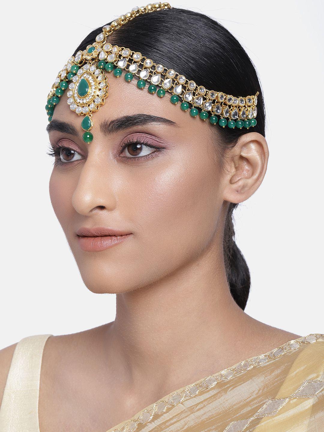 i jewels women green gold-plated matha patti with kundan embellished detail