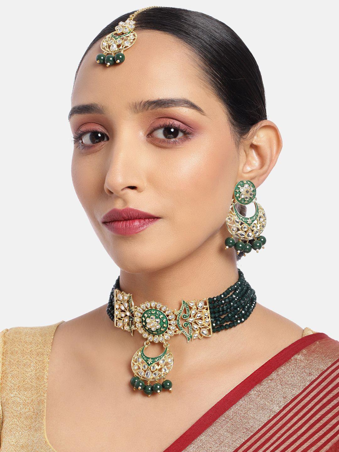 i jewels women green gold-plated pearl studded & enamel choker jewellery set