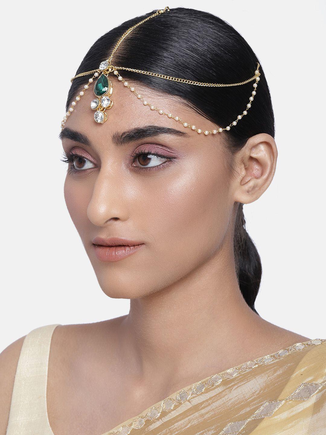 i jewels women green gold-plated traditional pearl layer with stone studded mathapatti