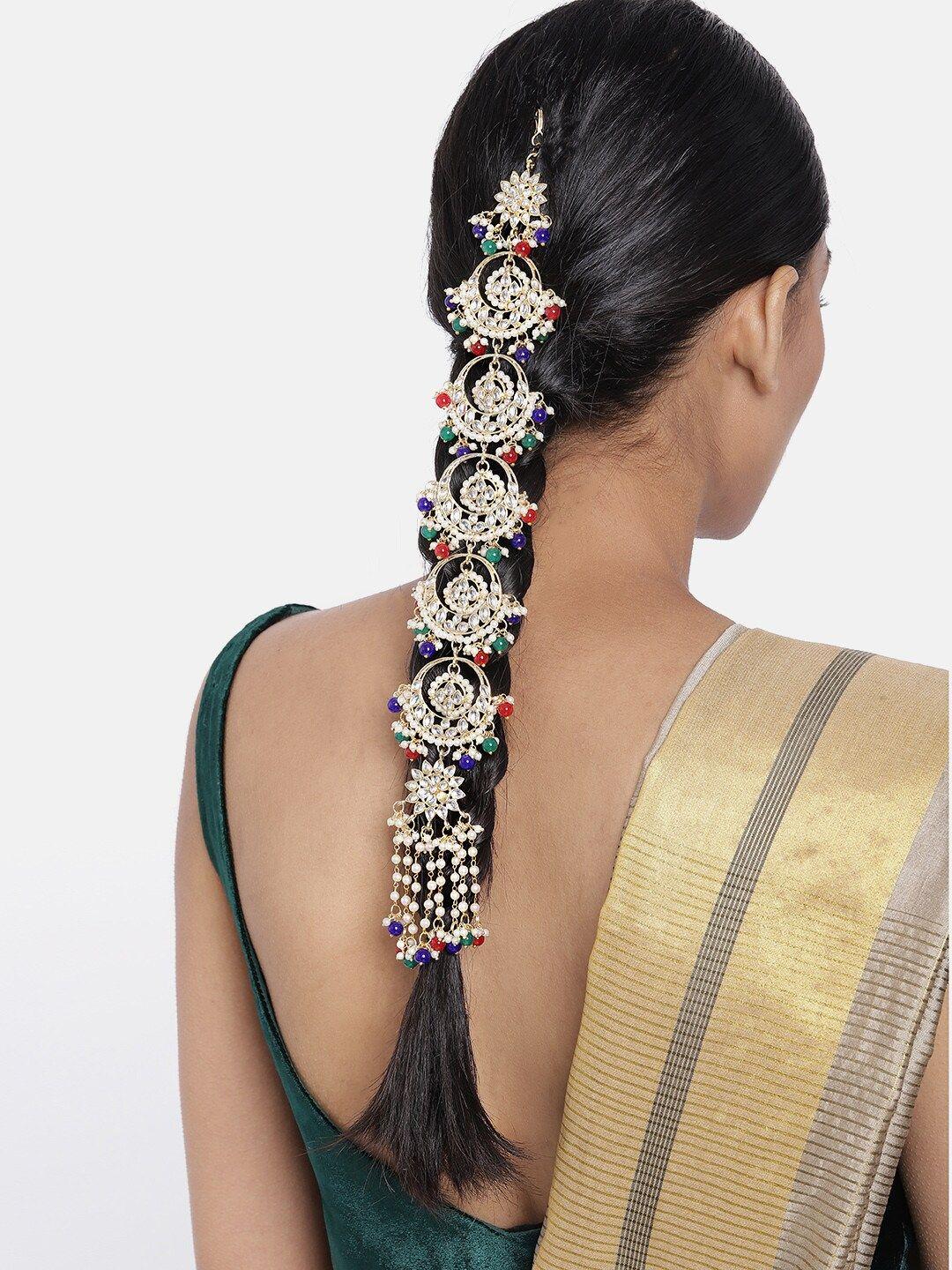 i jewels women red & green gold plated kundan studded hair jewellery