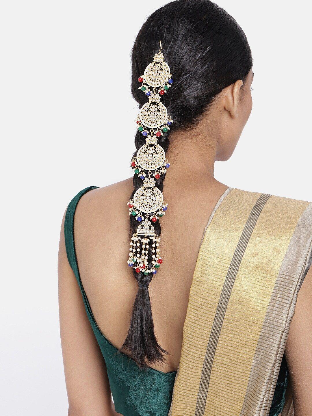 i jewels women red & white gold plated kundan studded hair jewellery
