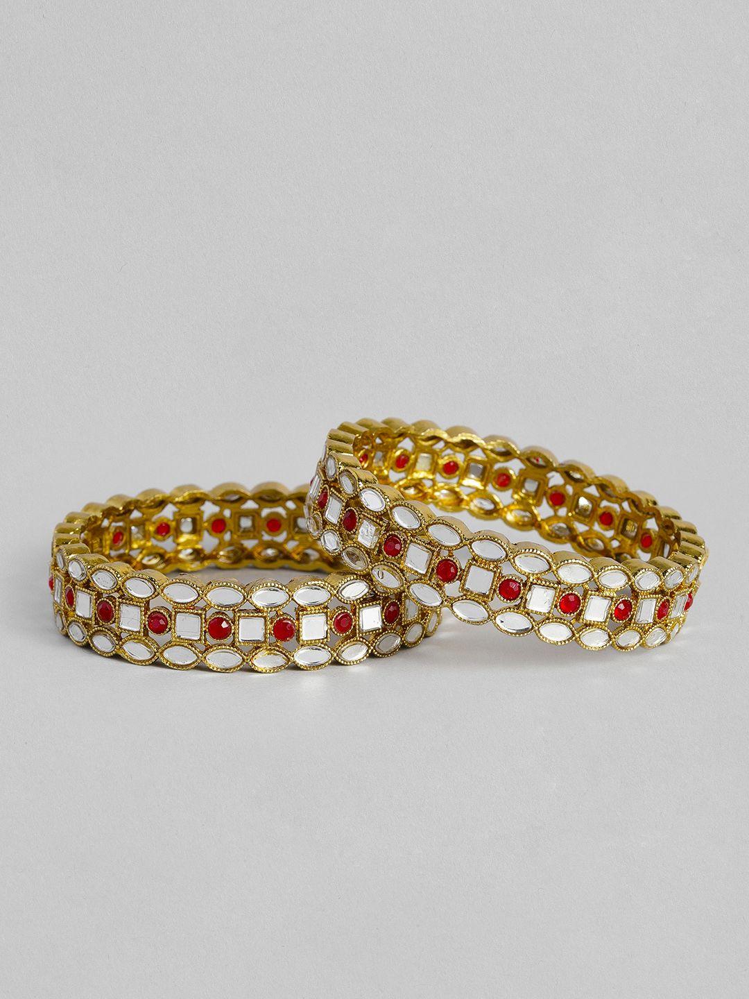 i jewels women set of 2 gold-plated & maroon stone studded & beaded bangles