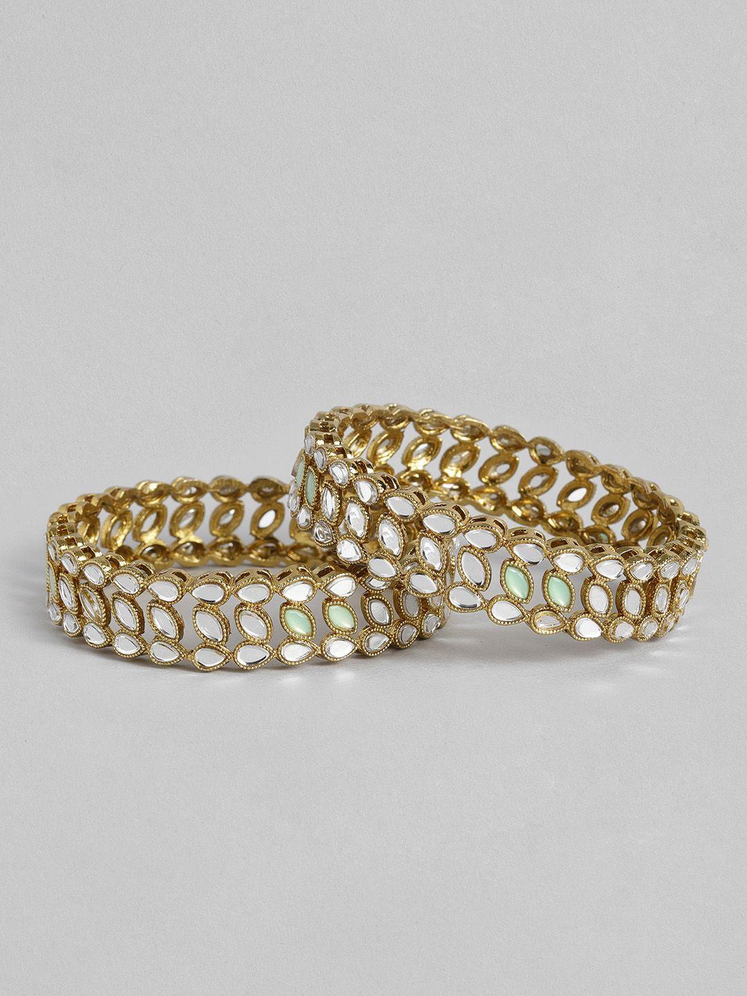 i jewels women set of 2 gold-plated & mint green stone studded bangles