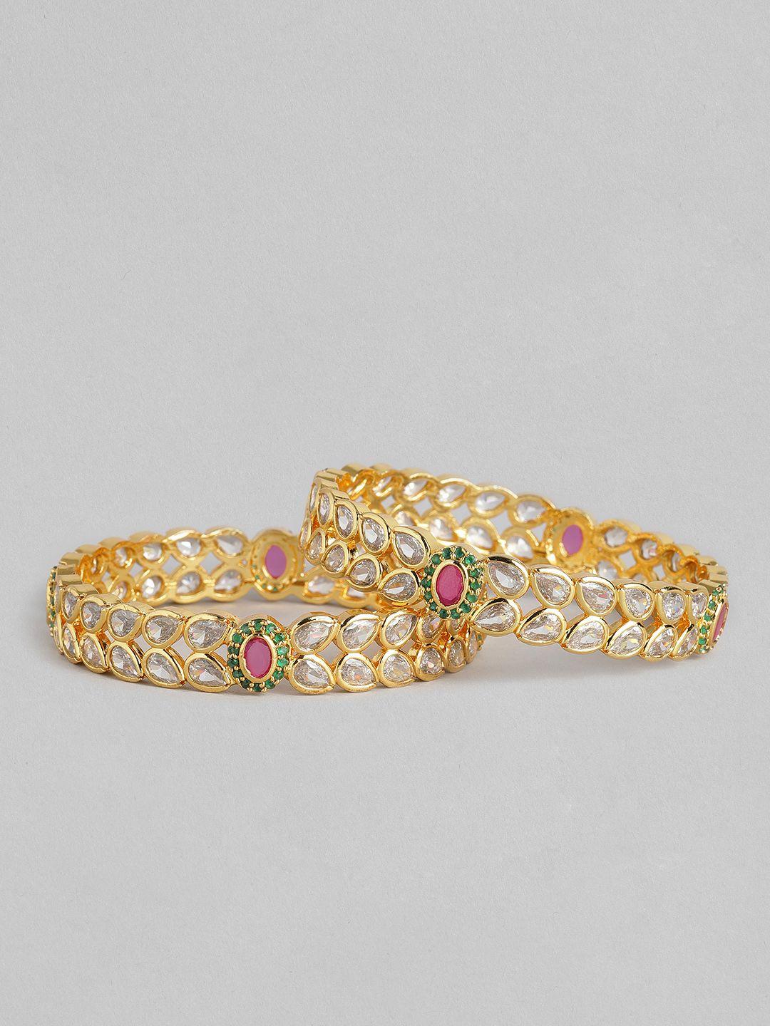 i jewels women set of 2 gold-plated & pink stone studded bangles