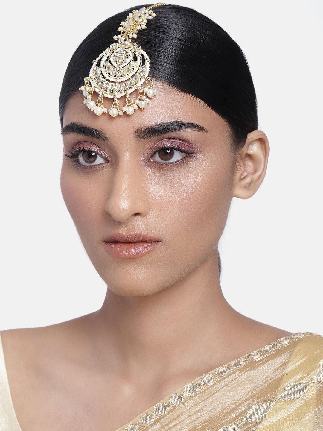 i jewels women white gold-plated maang tikka with kundan and pearl studded detail