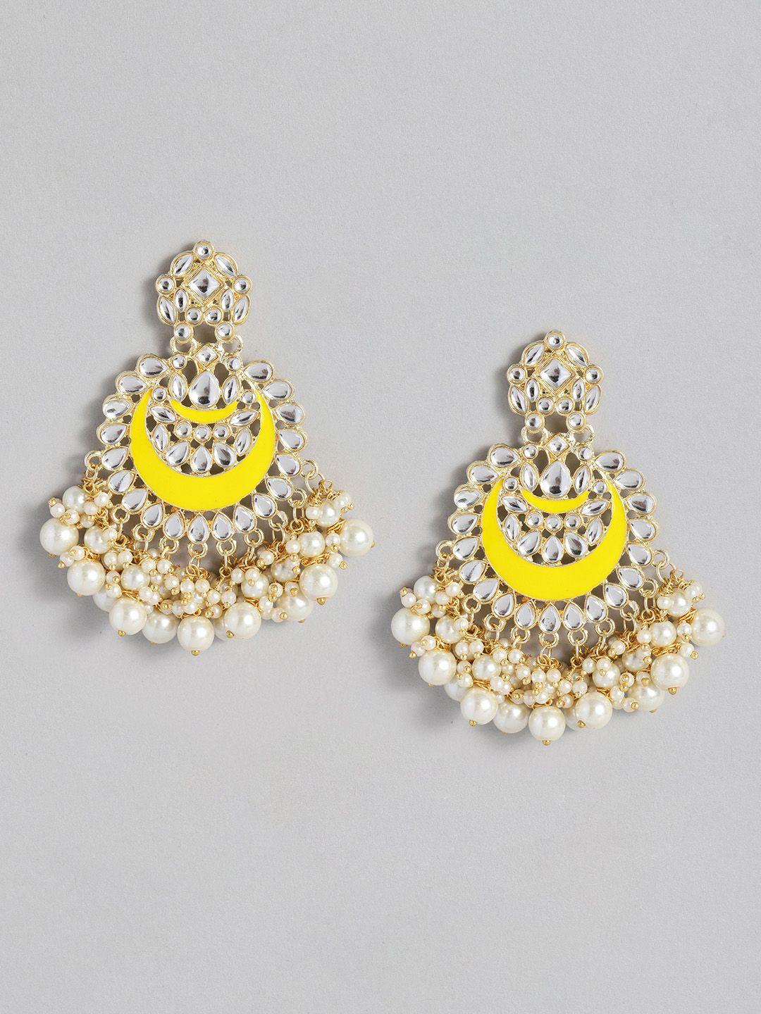 i jewels yellow & white gold plated kundan & stone studded chandbali