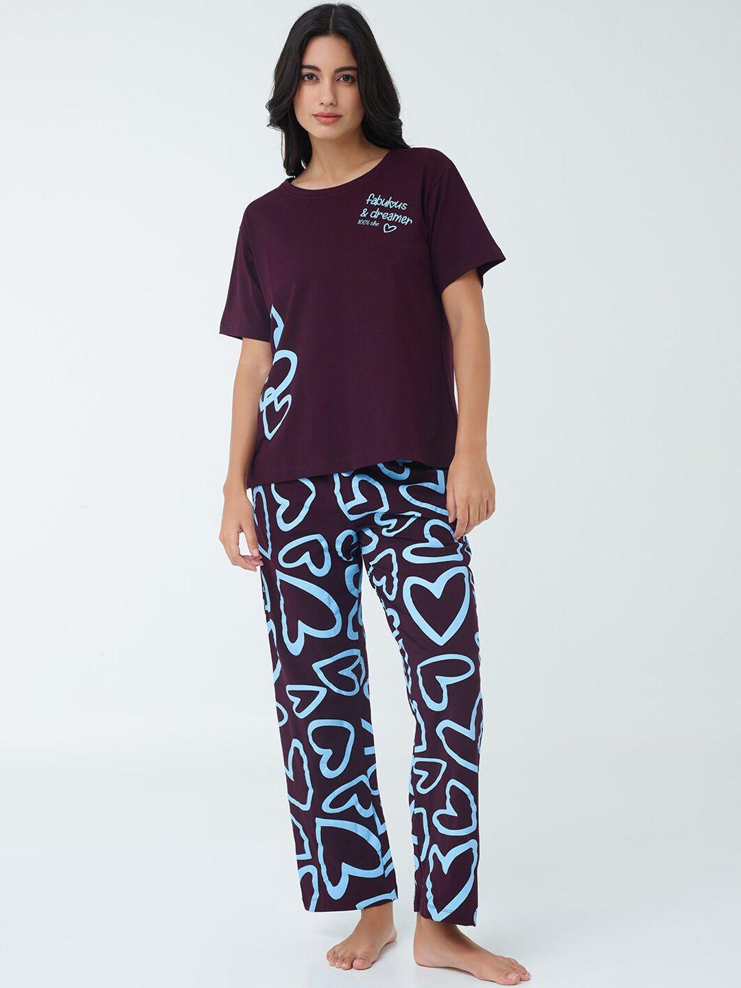 i like me blue & burgundy heart printed pure cotton night suit