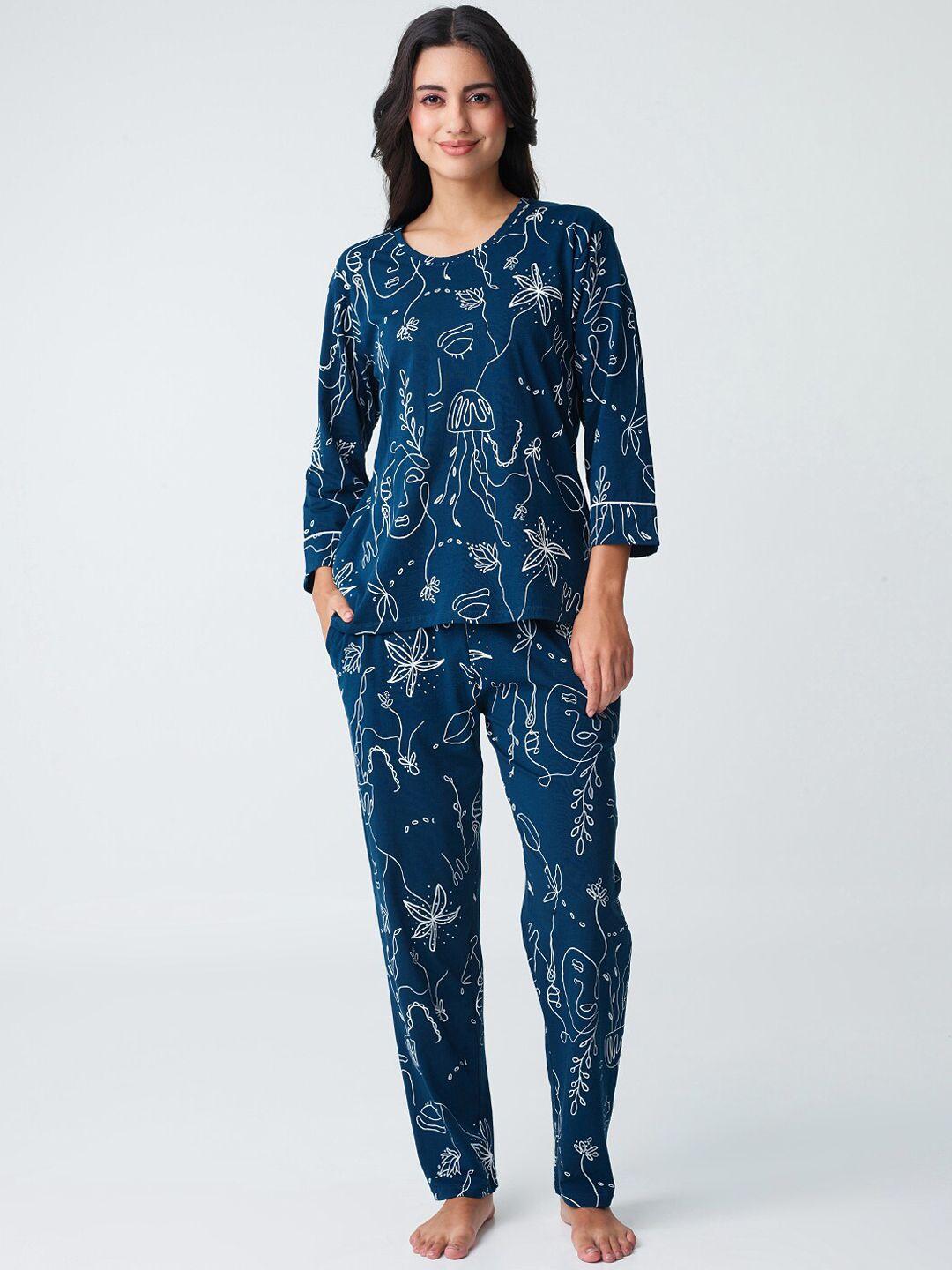 i like me blue floral printed pure cotton night suit