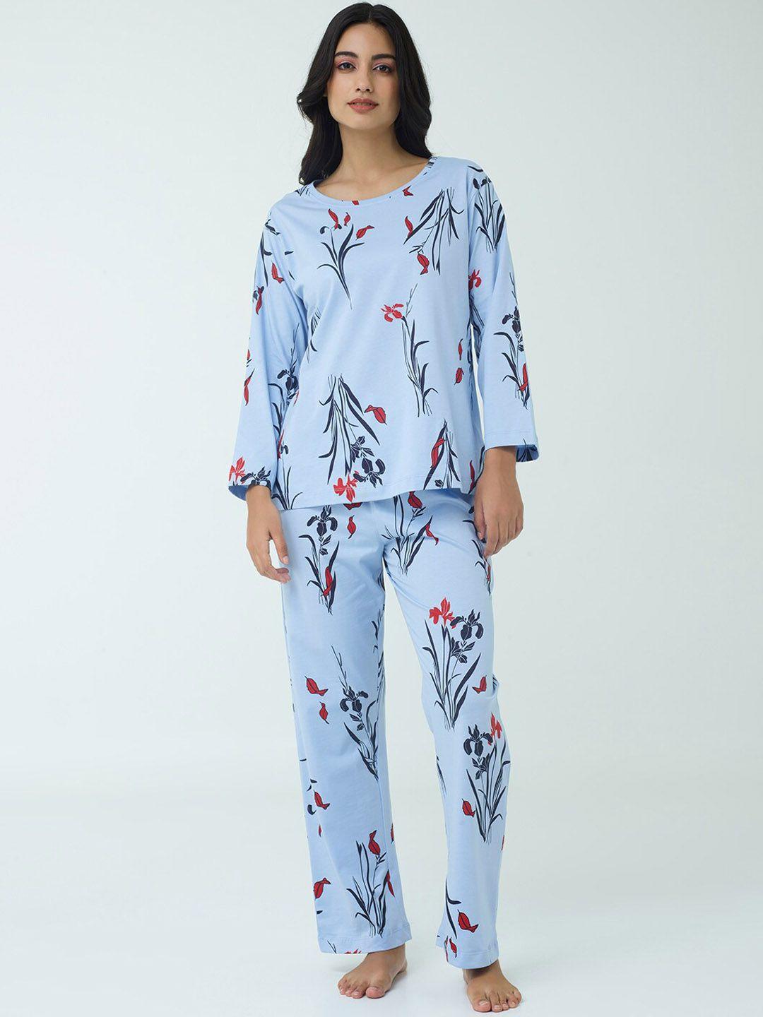 i like me blue floral printed pure cotton night suit