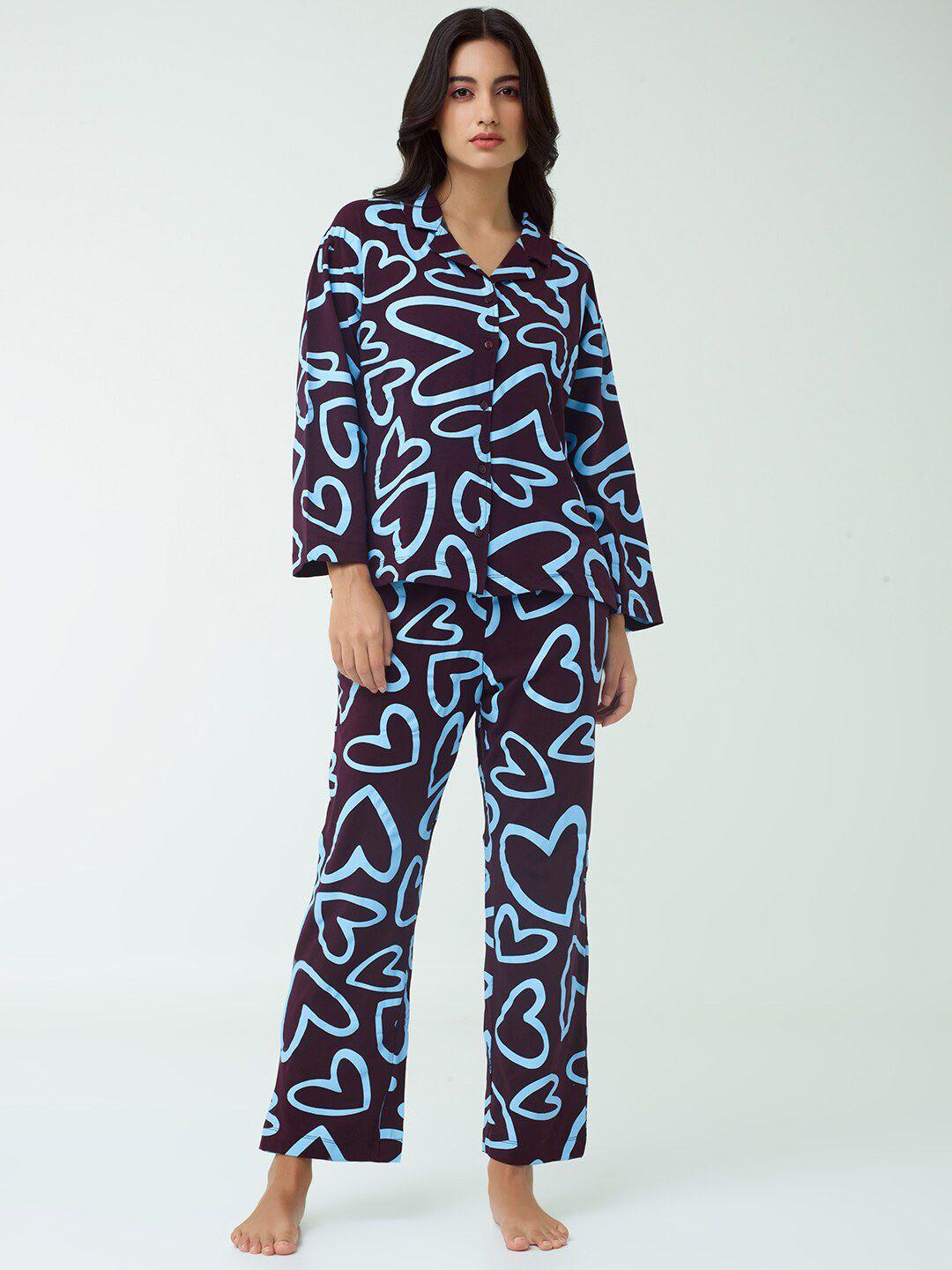 i like me blue heart printed pure cotton night suit