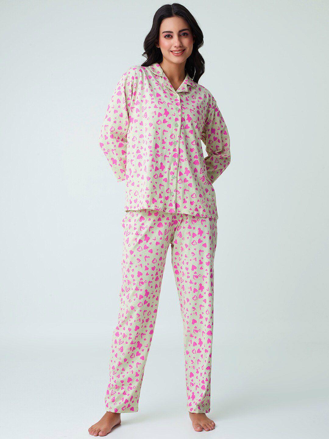 i like me green & pink conversational printed lapel collar pure cotton shirt & pyjama