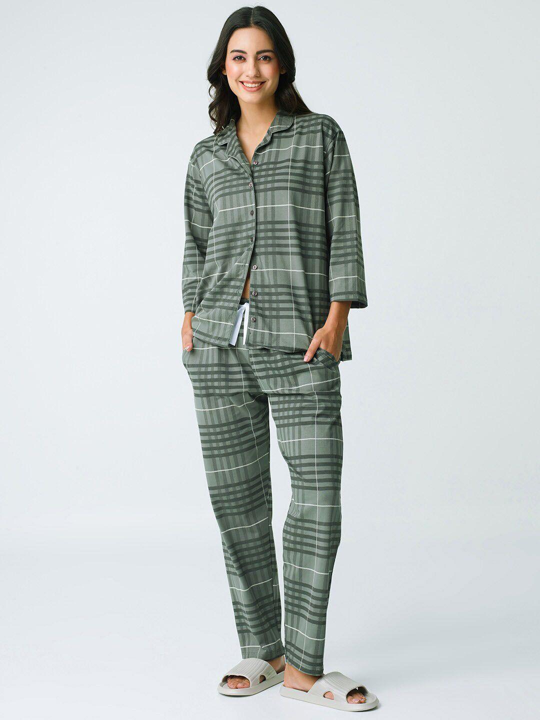 i like me green checked pure cotton night suit