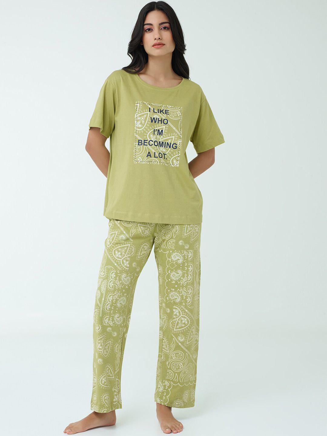 i like me green paisley printed pure cotton night suit