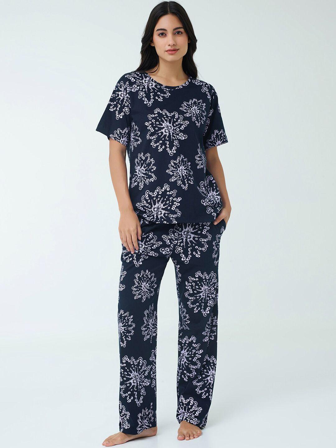 i like me navy blue floral printed pure cotton night suit