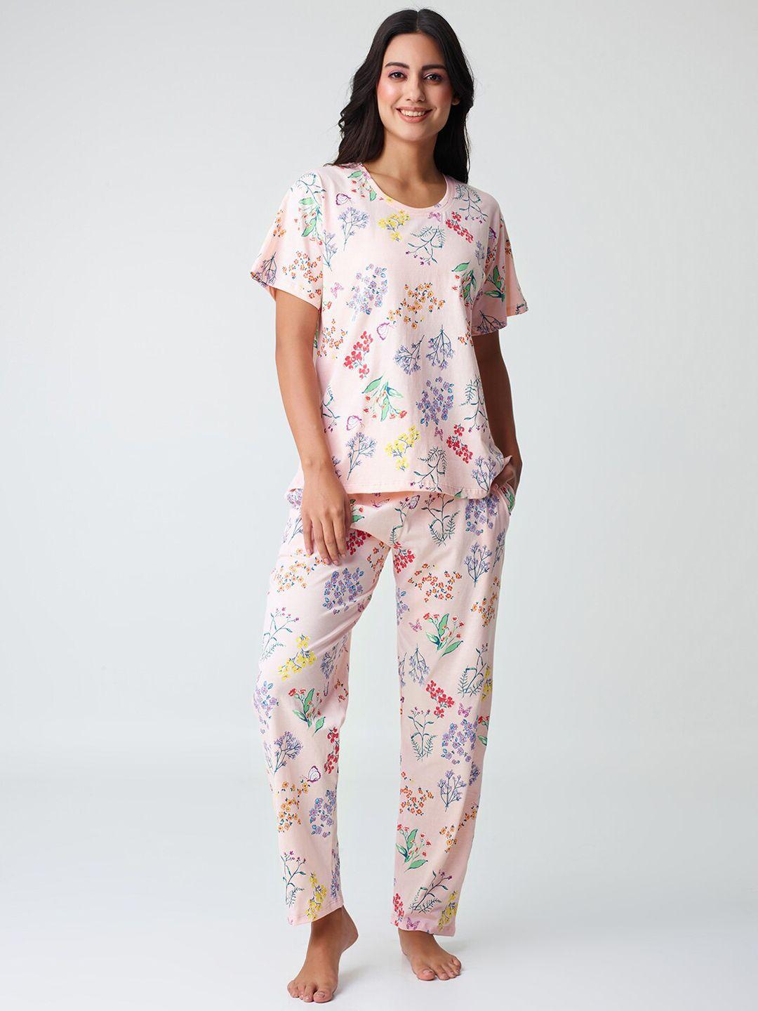 i like me peach coloured floral printed pure cotton night suit