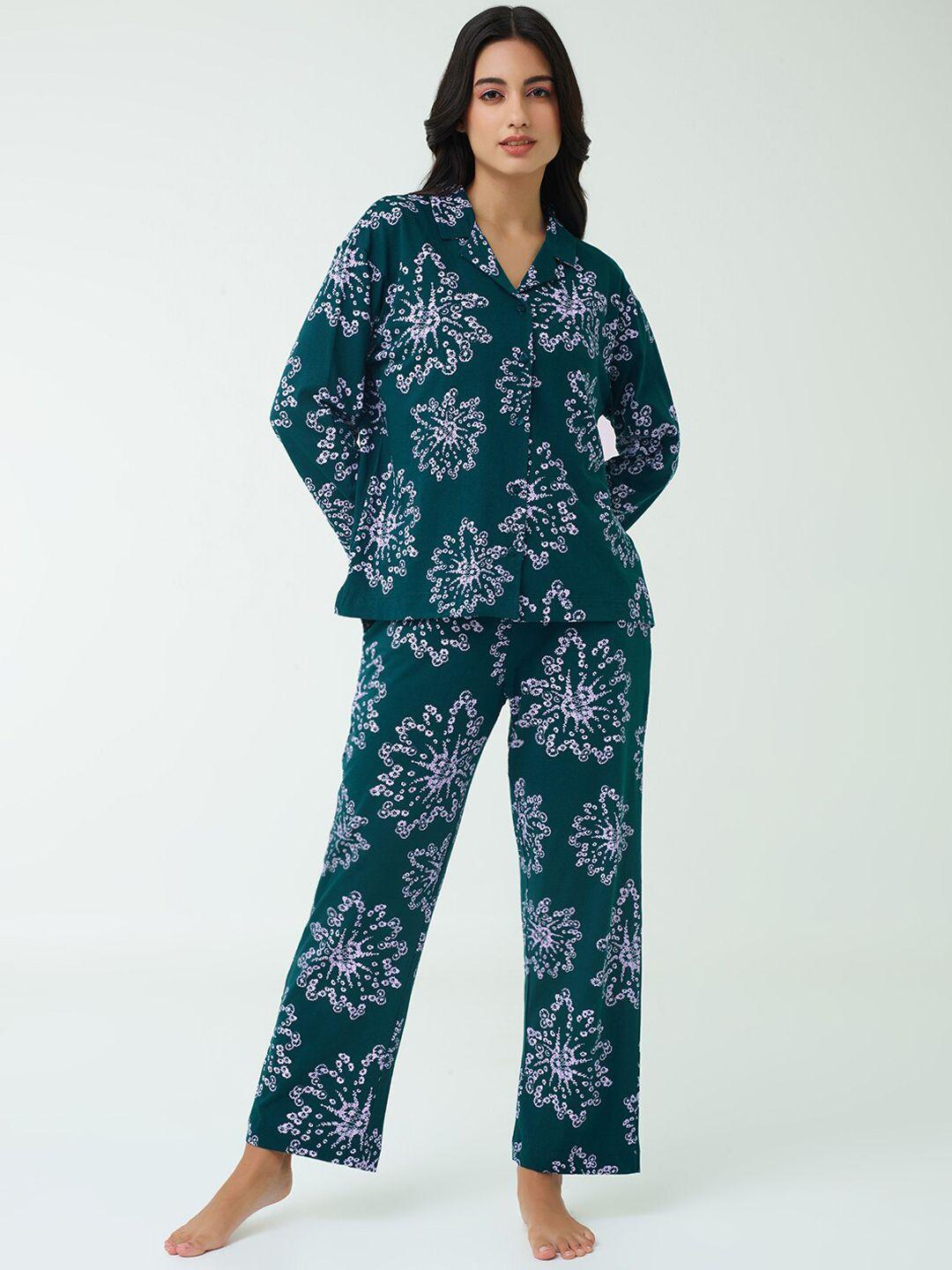 i like me teal blue floral printed pure cotton night suit