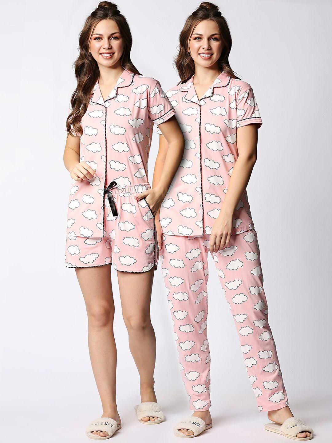 i like me women 3 pc peach-coloured & white printed night suit set
