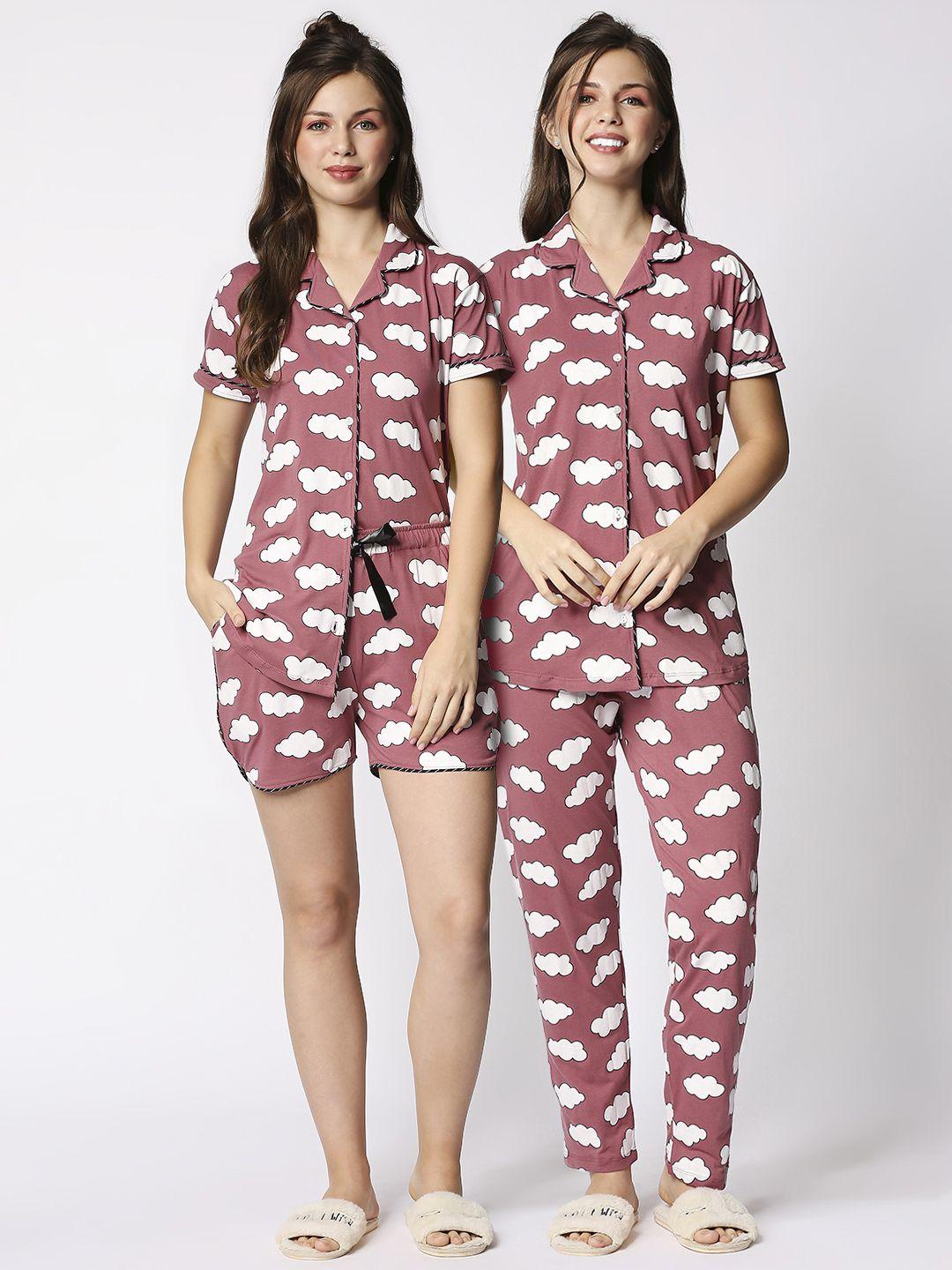 i like me women 3 piece brown & white printed pure cotton night suit