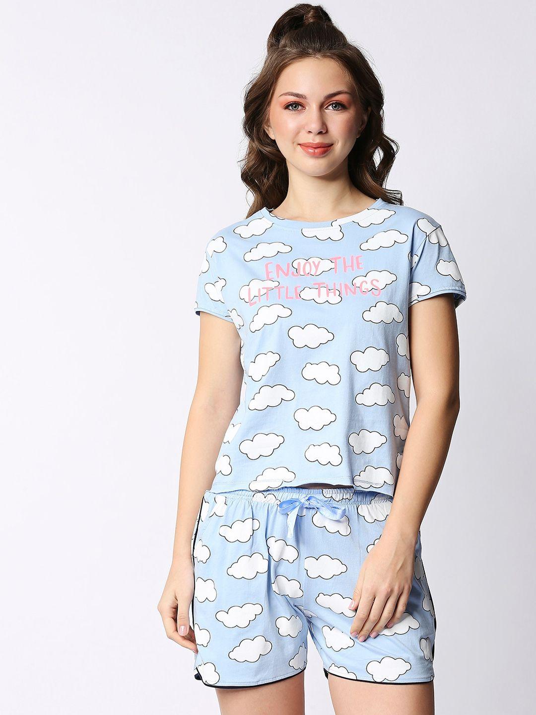 i like me women blue & white printed night suit