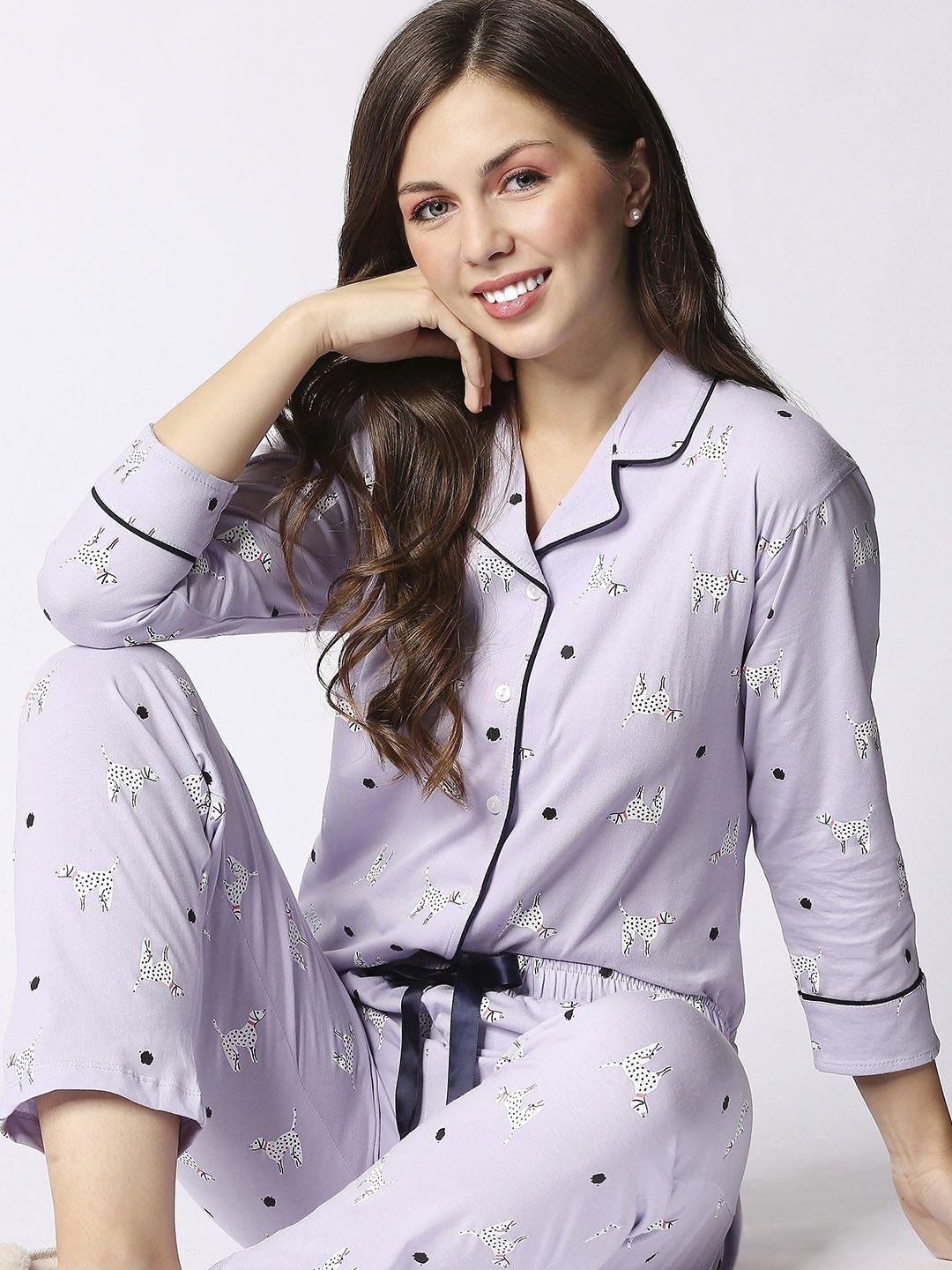 i like me women lavender pure cotton printed night suit