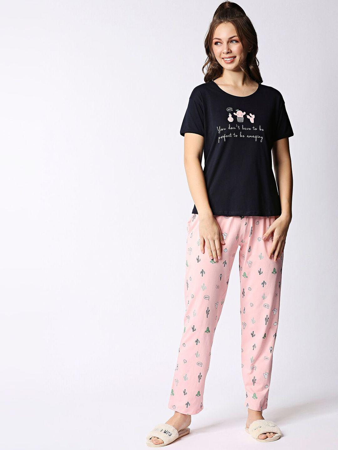 i like me women navy blue & pink printed pure cotton night suit