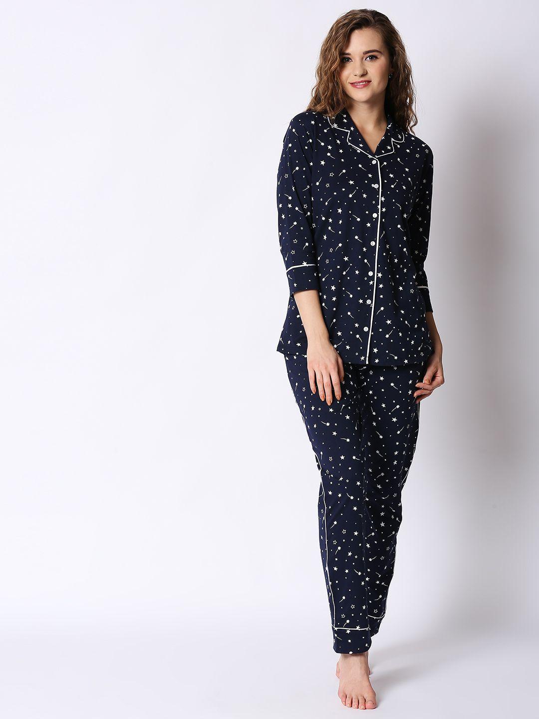 i like me women navy blue & white printed night suit