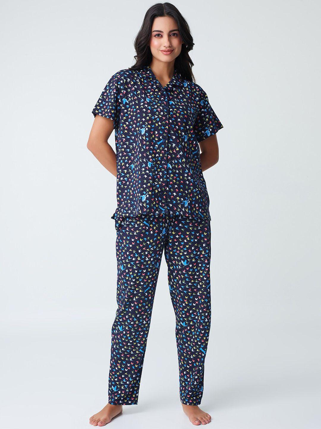 i like me women navy blue conversational printed pure cotton night suit