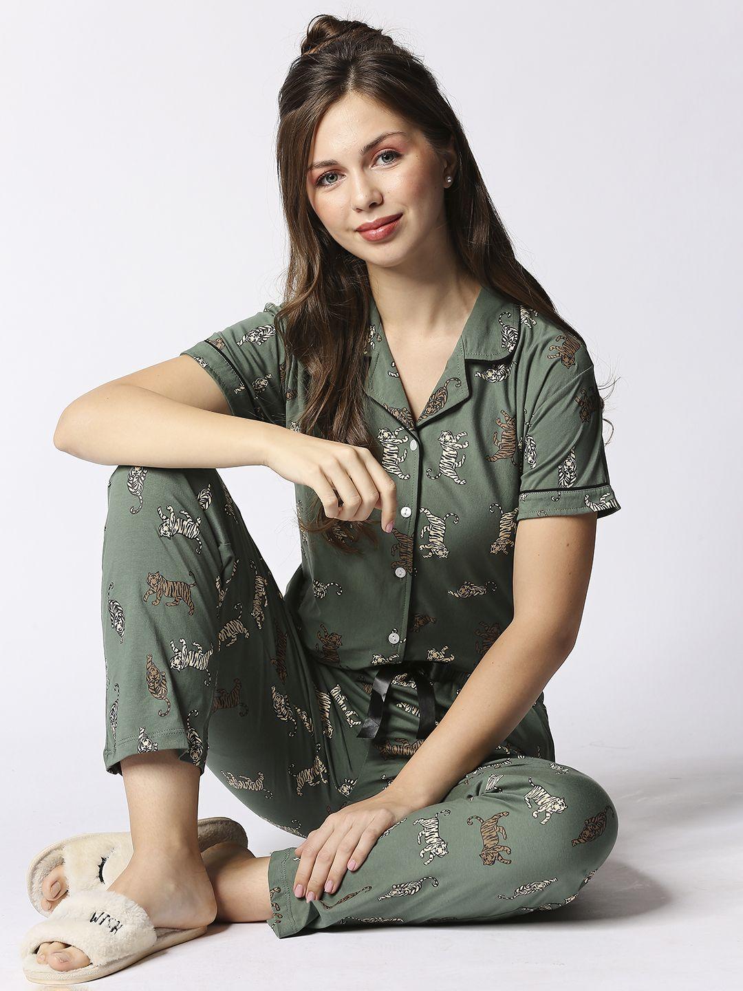 i like me women olive pure cotton printed night suit