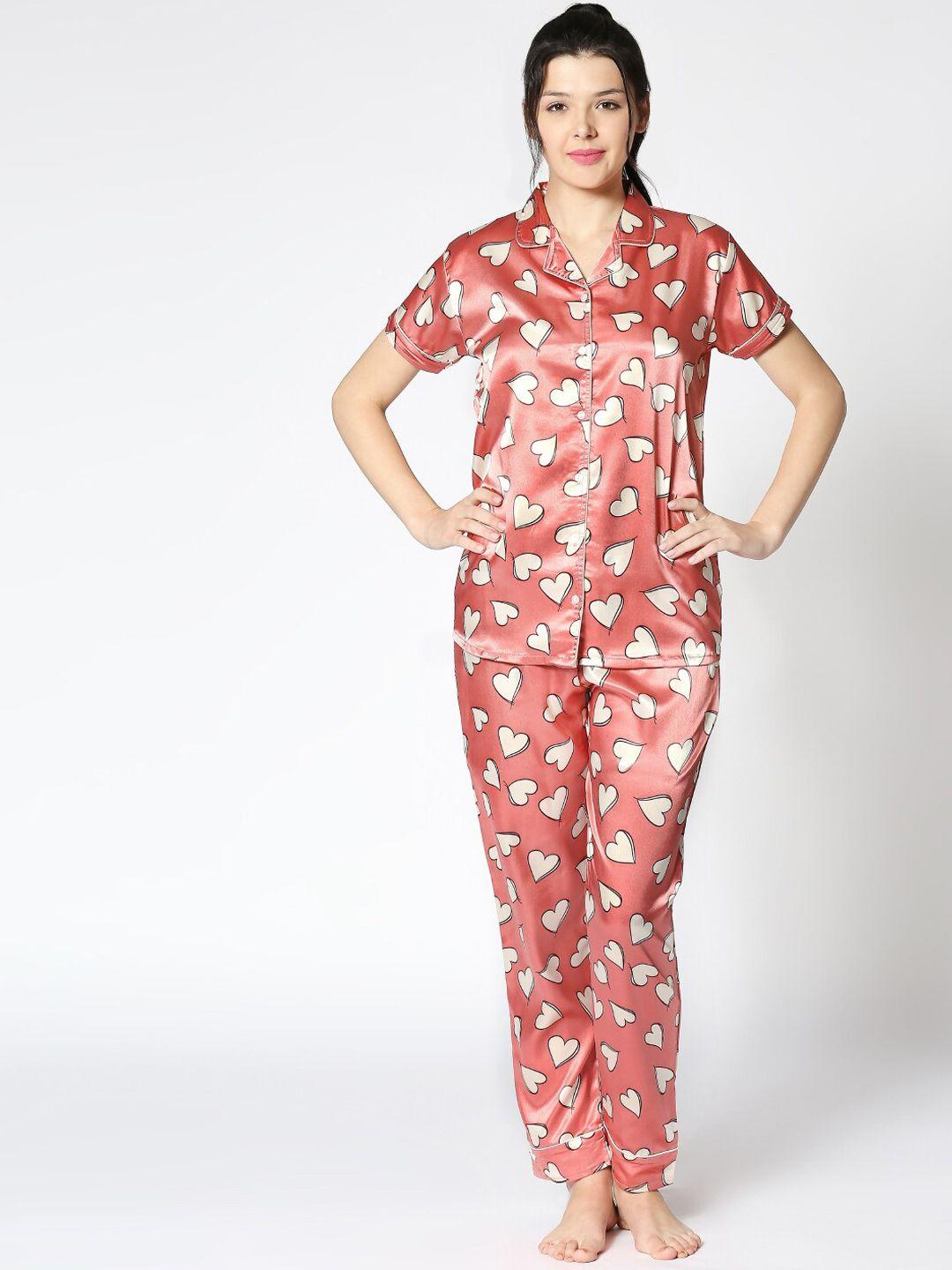 i like me women peach-coloured & cream-coloured printed night suit