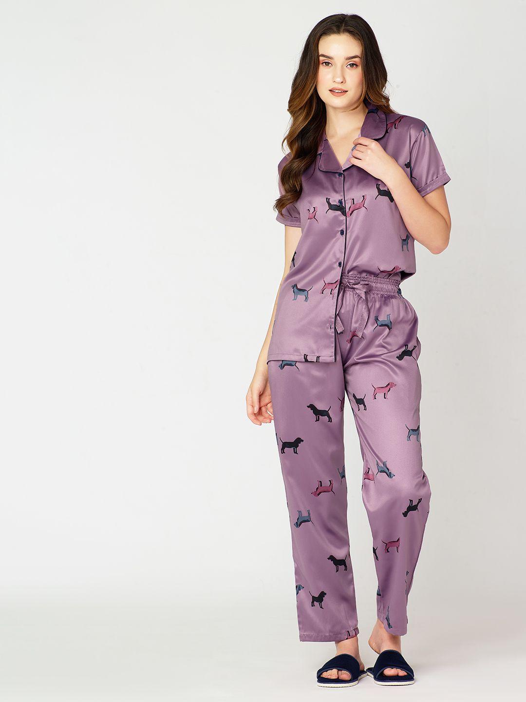 i like me women printed lapel collar night suit