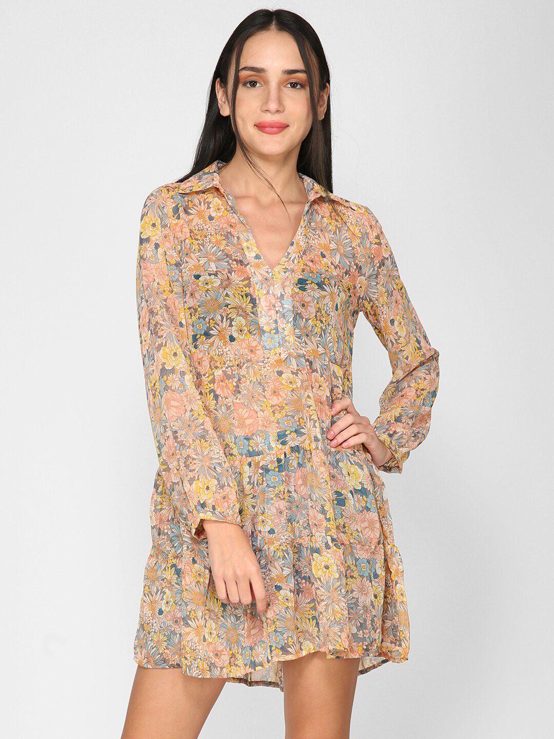 i love she peach-coloured floral georgette a-line mini dress