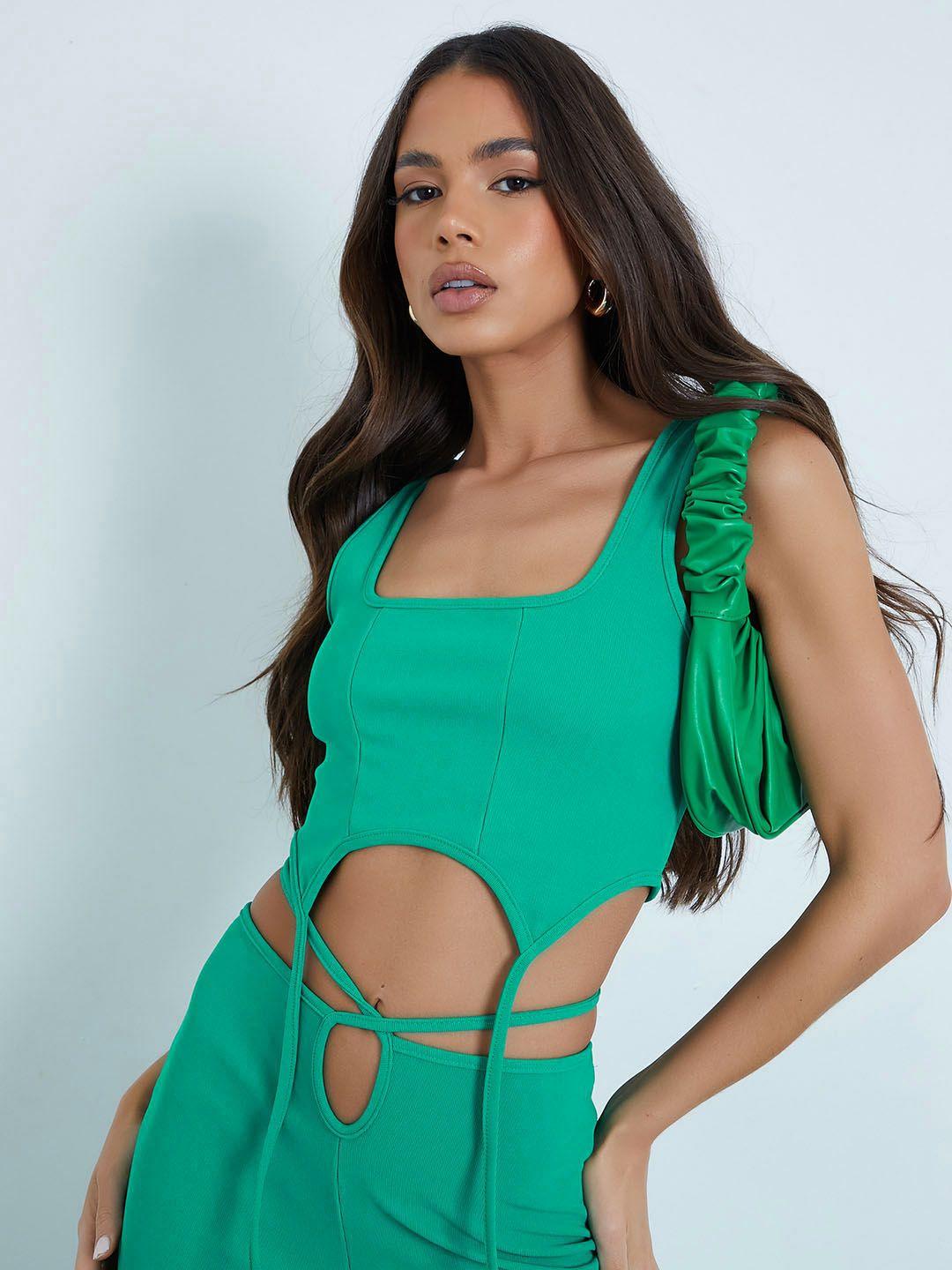 i saw it first green ribbed corset detail crop top