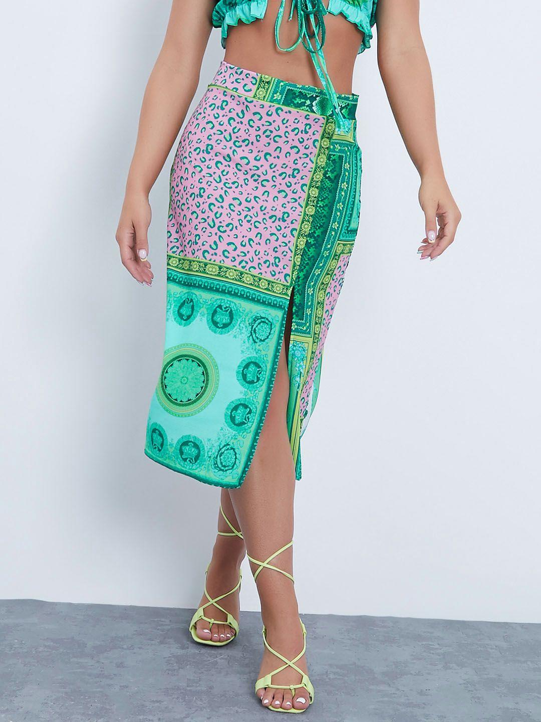 i saw it first women green & pink ethnic motif print front slit midi straight skirt