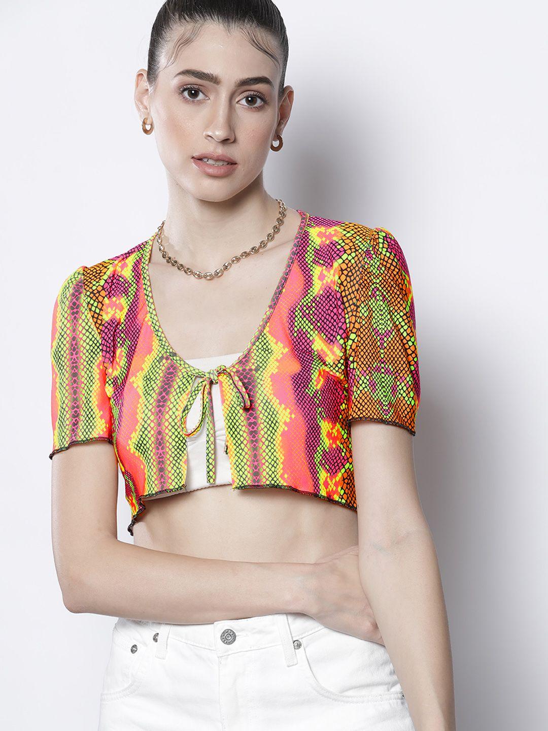 i saw it first women multicoloured printed crop tie-up shrug