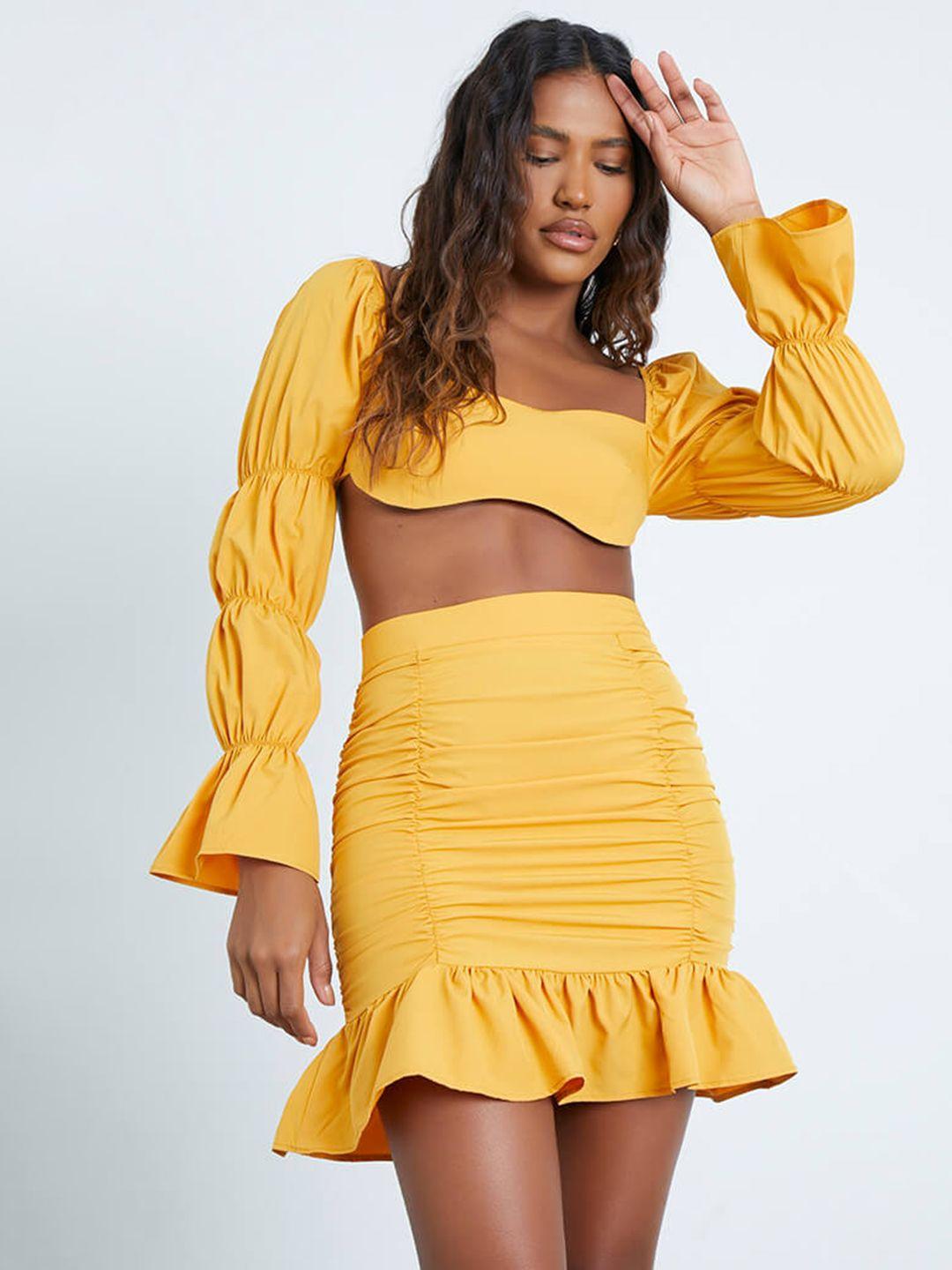 i saw it first women mustard yellow solid puff sleeves cropped bralette top