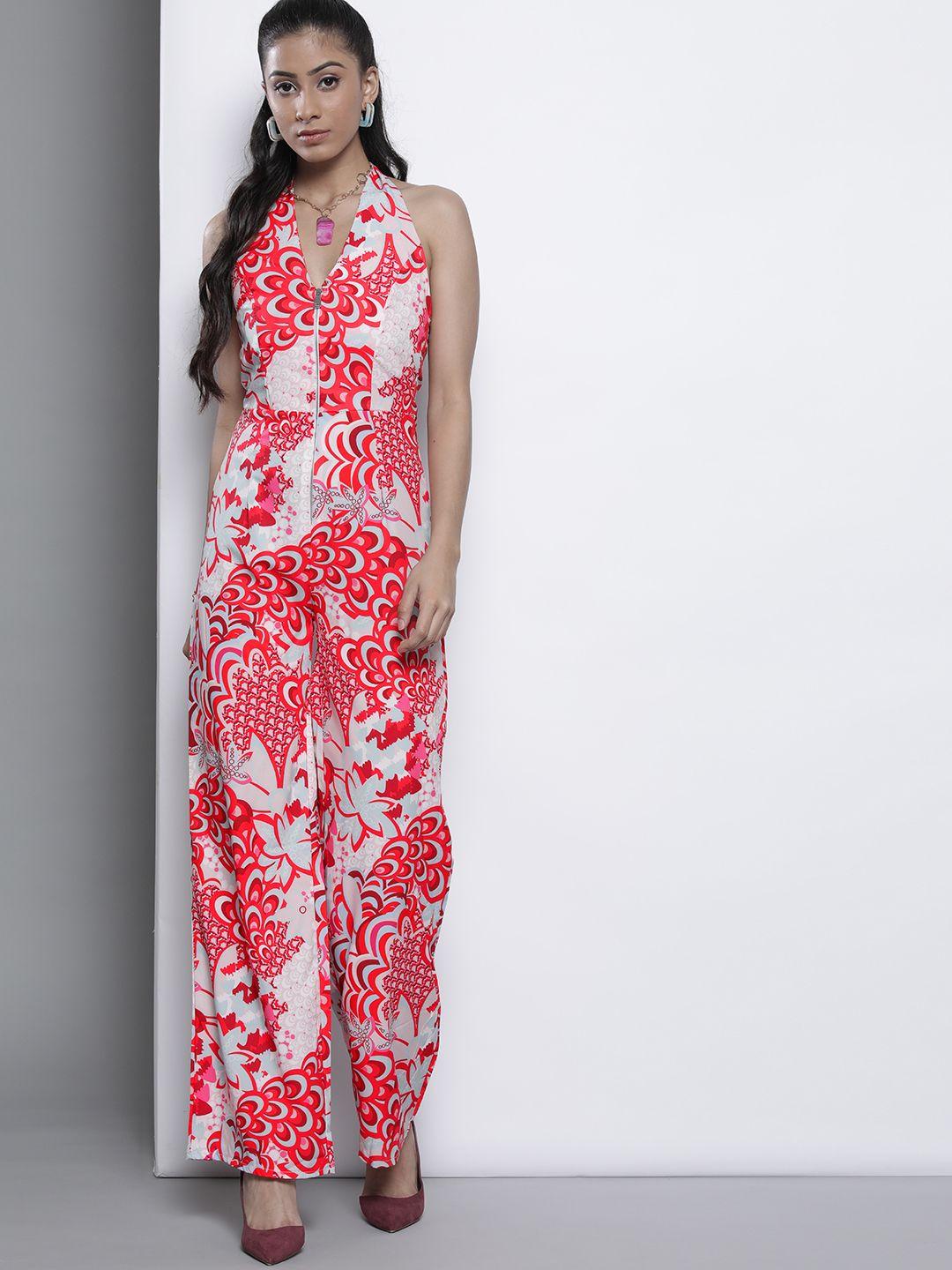 i saw it first women red & white halter neck floral printed basic jumpsuit