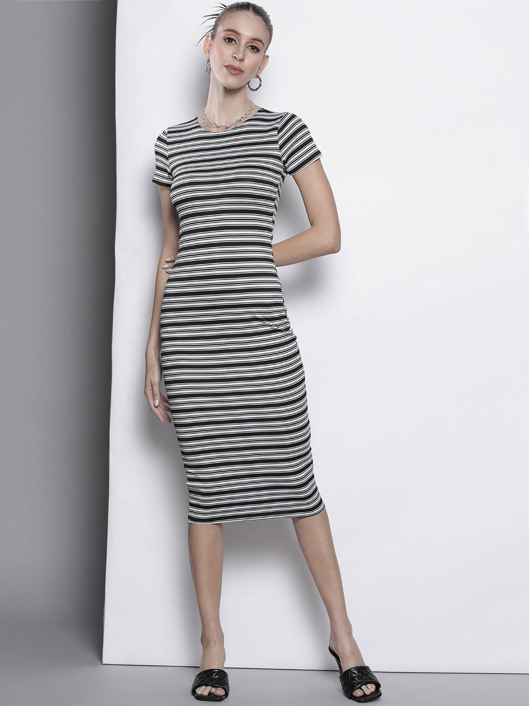 i saw it first women white & black striped sheath midi dress