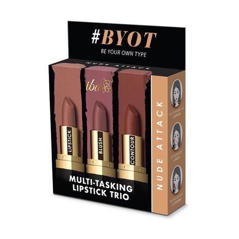 iba multi-tasking lipstick trio - nude attack (lipstick, blush, contour) m15 cinnamon chai, m19 nude and m02 mocha shot