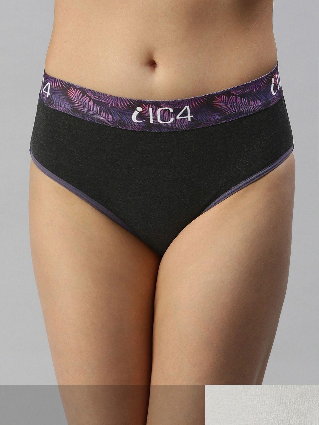 ic4 women charcoal & white solid pack of 2 hipster briefs- 0c-w-1011p2