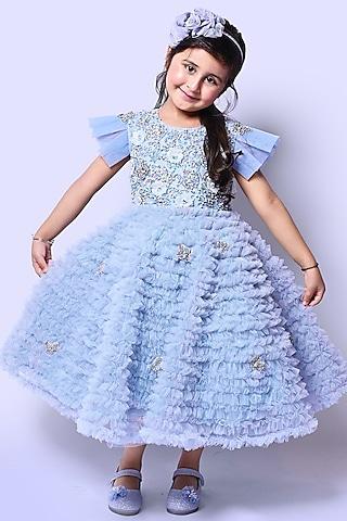 ice blue net floral motif embellished ruffled dress for girls