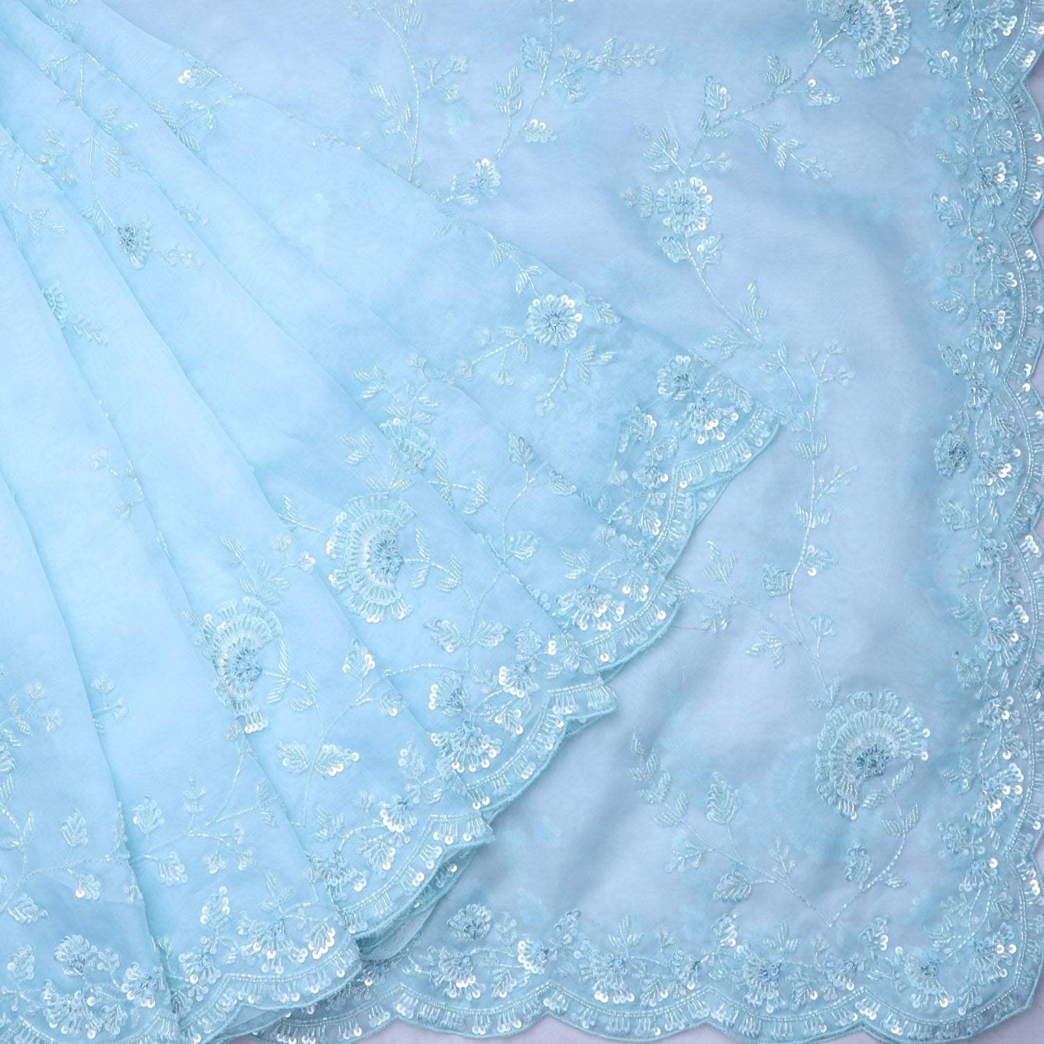 ice blue organza saree with floral embroidery