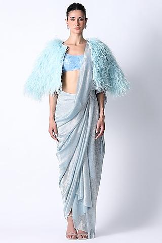 ice blue silk & foiled net jacket saree set