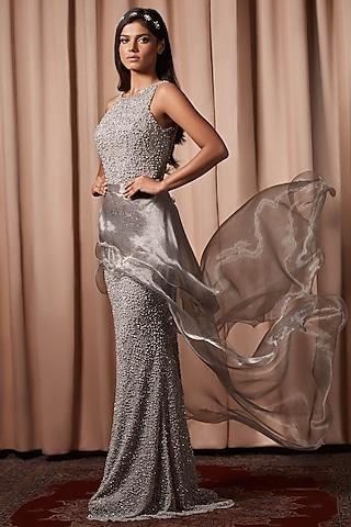 ice grey tulle & sequins cutdana embellished gown with overlay skirt