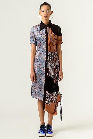 ice blue & burnt almond printed shirt dress