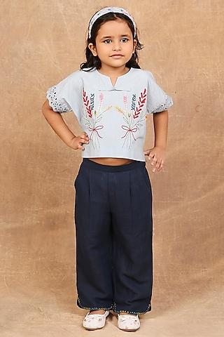 ice blue & indigo organic cotton baroque embroidered co-ord set for girls