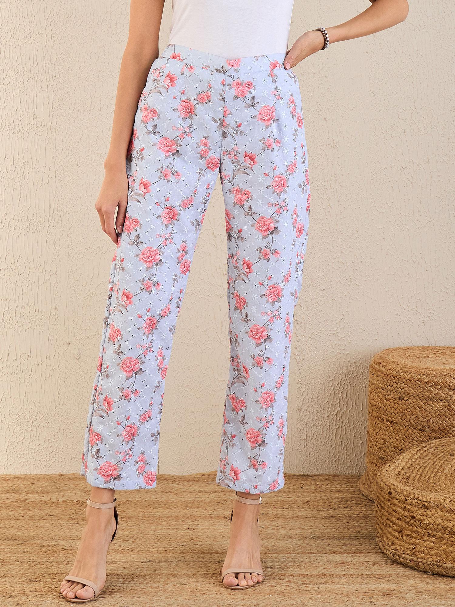 ice blue & pink floral print schiffli straight pant