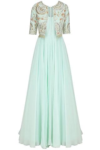 ice blue anarkali and embroidered jacket