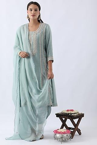 ice blue bemberg silk dori & thread embroidered a-line kurta set