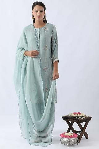 ice blue bemberg silk dori & thread embroidered kurta set